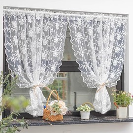 Yaland White Lace Floral Embroidery Curtain Voile Country House Style Short Curtain Translucent Decorative Curtain with Rod Pull 1 Piece H x W 120 x 130 cm