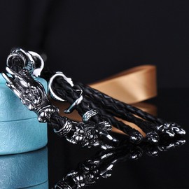 Yumilok Mens Dragon Charm Bracelets Stainless Steel Braided Leather Bracelets Punk Knight Biker Bangle Adjustable Wristband(Black Silver)