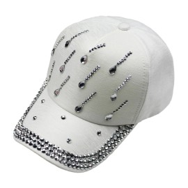 None Women's Bling Hat Raindrops Adjustable Baseball Cap Bling Studded Rhinestones - White