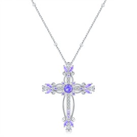 OSSZ Y2K Purple Gothic Cross Necklace for Women - Sterling Silver Purple Crystal Cross Pendant Necklace, Trendy Y2K Aesthetic Jewelry, Vintage Religious Statement Piece for her or Mother or Friend (Purple)