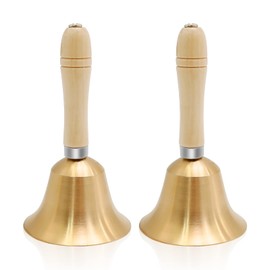 Vkinman 2Pcs Solid Brass Hand Call Bells with Wooden Handle Ringing, 3.15 x 3.15 x 5.9 Inch Loud Handbells with Clear Sound, Replace for Wedding Dinner Animal Teaching