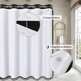 MitoVilla No Hooks Needed Boho Farmhouse Shower Curtain with Snap-in Liner, Cotton Linen Fabric Shower Curtains with Tassels for Rustic Neutral Bathroom Decor, Black and White, 72 x 74