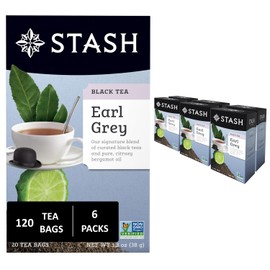 Stash Tea Earl Grey Black Tea - Caffeinated, Non-GMO Project Verified Premium Tea with No Artificial Ingredients, 20 Count (Pack of 6) - 120 Bags Total