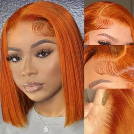 PANDA ANGEL Ginger Orange Bob Lace Front Wigs Human Hair Bob 13X4 HD Transparent Wear and Go Glueless Lace Frontal Wig Human Hair Pre Plucked #350 Colored Bob Wigs for Black Women 16 Inch