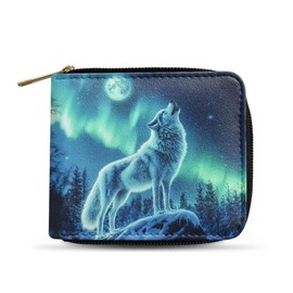 Dngkaoje Blue Galaxy Wolf Zipper Wallet for Men Boys Teens Small PU Leather Clutch with Multiple Card Slots Animals Wolf Print Leather Bifold Wallets for Men with ID Window Casual Coin Card Holde Bag