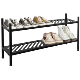 Nijoam Shoe Rack for Closet, 2-Tier FreeStanding Shoe Shelf Stand, Stackable Shoe Storage Organizer for Floor,Entryway,Bedroom,Long 35 Inch, Metal, Black