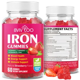 Vegan Iron Gummies for Adults & Kids - with Vitamin C, A, B-Complex, Folate, Zinc, and Biotin - for Blood Building & Energy Support, 60 Gummies