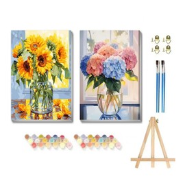 uuxsretaio 2 Pack Framed Paint by Numbers for Adults. Hydrangea and Sunflower Paint by Number on Canvas with Frame, DIY Flowers in a vase Oil Painting for Present Home Wall Decor 8X12 Inch