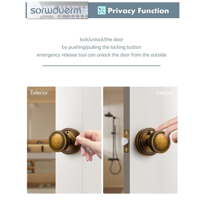 SORWDUERM 1 Pack Antique Brass Bronze Door Knob Interior Privacy