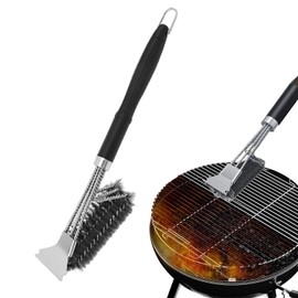 Grillbürste, 3 in1 Edelstahl Grillrost Bürste mit Schaber, 42cm Extra Langer PP Wärmedämmung Griff, Kleiner Grill Reinigungsbürste, für Gasgrill, Holzkohlegrill, Kugelgrill, Elektrogrill, Grillrost
