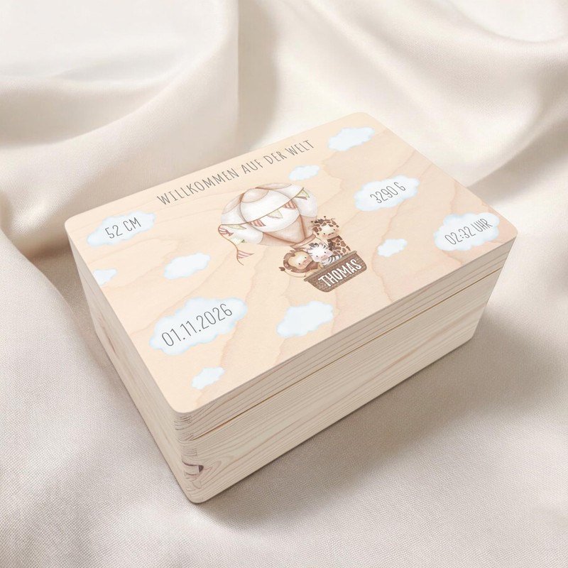 Erinnerungsbox Baby Heißluftballon personalisierte Erinnerungskiste Erinnerungsbox Geschenk zur Geburt Geburtsgeschenk