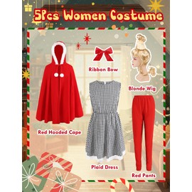 kegemor Christmas Who Lou Costumes Adult Women Red Dress with Blonde Wig 5Pcs Deluxe Cosplay Party Plus Size Girl Outfit