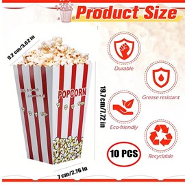 10 Pcs Popcorn Boxes,Large Capacity Popcorn Containers, Popcorn Boxes Red & White Striped, Red Paper Popcorn Boxes,Paper Popcorn Buckets for Families, Parties, Movie Nights and Events
