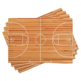 Lunarable Sports Place Mats Set of 4, Standard Floor Plan on Parquet Backdrop Basketball Court Playground Print, Washable Fabric Placemats for Dining Table, Standard Size, Brown White