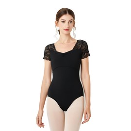 Lanbodance Women's Short Sleeve Leotards for Ballet Dance Adult Ballerina Dance Costume, Black Lace, X-Large
