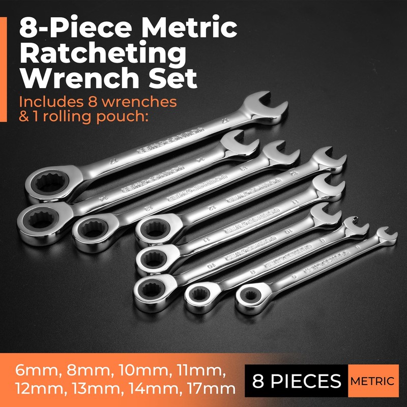 8-Piece Metric Ratcheting Combination Wrench Set, 72-Tooth, CR-V Steel