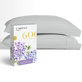 Carressa Linen 100% Egyptian Cotton Pillow Cases Set of 2-600 Thread Count Silver Stripe King Pillowcase for Sleeping, Soft Sateen Weave Bed Pillow Cover, Extra Long Staple Cotton Pillowcases