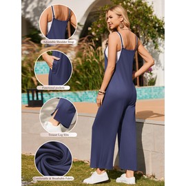 Ekouaer Womens Casual Sleeveless Jumpsuits Summer Boho Wide Leg Floral Rompers Overalls with Pockets Navy Blue XL