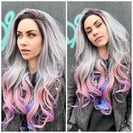 Mermaid Lace Front Wig Pastel Gray Blue Ombre Pink Purple Mixed Color Wig Middle Part Long Body Wave Heat Resistant Synthetic Wigs for Women Cosplay Party 24 Inch…