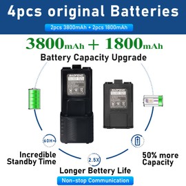 BAOFENG Radio UV-5R 8W Ham Radio(4pcs Batteries), Rechargeable 3800mAh Battery & 1800mAh Battery,Handheld Speaker Mic Long Range Radio Dual Band Two Way Walkie Talkie(2 Pack)