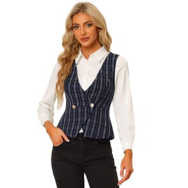 Allegra K Chaleco clásico de tweed para mujer con doble botonadura sin mangas a cuadros, Azul oscuro, S
