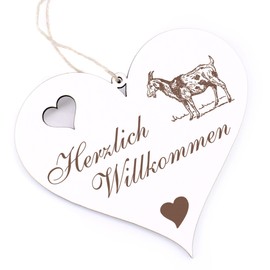 Herzlich Willkommen Sign, Two-Coloured Goat, Decorative Heart Wooden Welcome Sign, Door Sign, Decorative Sign, Door Decoration