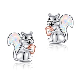 Squirrel Stud Earrings 925 Sterling Silver Cute Opal Little Squirrel Earrings Hypoallergenic Stud Lovely Small Animal Jewelry Gift for Women Friend Squirrel Lovers