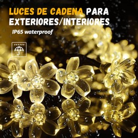 Guirnalda de Luces Solares de 30LED Flores Sakura de 6.5M, Cadena de Luz Led Solar Impermeable, 8 Modos Cadena de Luz Decorativas Exterior Para Patio Jardin Arbol Navidad Boda (Blanco Cálido)