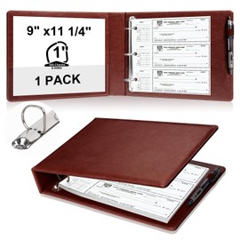 Pu Leather 3 Rings Check Binder for End-Stub Deskbook Checks3 Ring Business Check Binder for 3 on A Page Checks 9" x11 1/4" Check Holders (Light Brown)