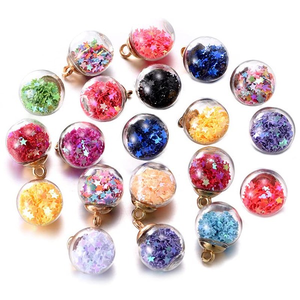 Rich Boxer 200 Pcs Colorful Glass Ball Pendants Glass Charms Crystal Glass Ball Charms with Tiny Shiny Star Craft Accessory for DIY Necklace Bracelet Earring Craft Jewelry Making