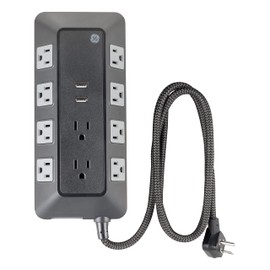 GE UltraPro Adapt 10-Outlet Surge Protector with USB Ports, 2 USB-A Ports, 2.4A, 12W, 4ft Braided Cord Power Strip Surge Protector, 3540 Joules, Black, 73775