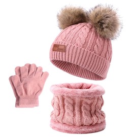 Mineup 3-in-1 Children's Winter Hat Scarf Gloves Set, Warm Winter Knitted Hat Children's Hat Set, Beanie Hat Scarf Gloves Set with Knitted Hat Scarf Hat Gloves for Girls 1-5 Years (Pink), pink