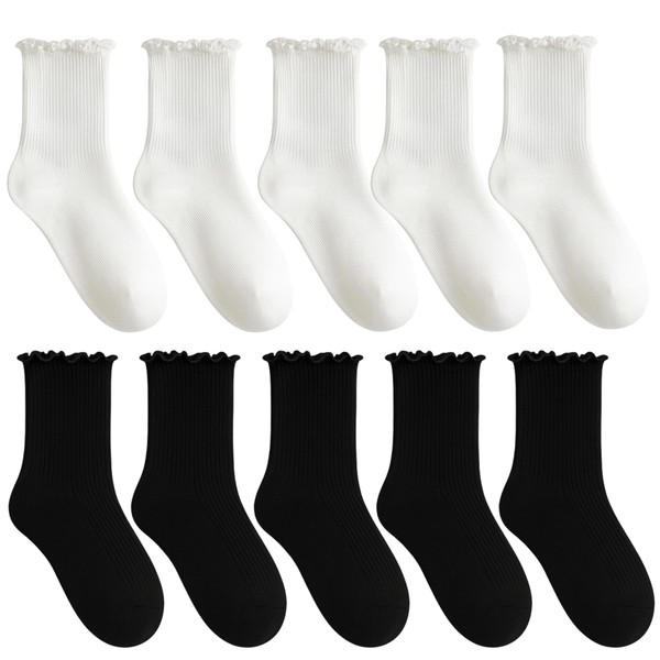 ZXJLWR Women's Ruffle Socks, 5 Black and 5 White Socks
