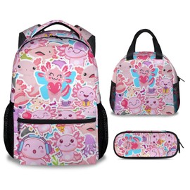 PAKKITOP Backpack with Matching Lunch Box for Girls, Axolotl Backpacks with Lunch Bag Pencil Case Combo for Kids, Cute Bookbag and Pencil Case Bundle, Pink Cartoon School Supplies