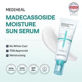 MEDIHEAL Madecassoside Moisture Sun Serum SPF 50+, protector solar coreano hidratante para cara, textura de suero ligero, sin yeso blanco, acabado cal