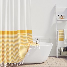 Dynamene Extra Long Fabric Shower Curtain, 84 Inch Long Farmhouse Yellow and White Striped Cloth Shower Curtain with Boho Tassels, Hotel Luxury Bathroom Shower Curtain with 12 Hooks, Yellow, 72x84