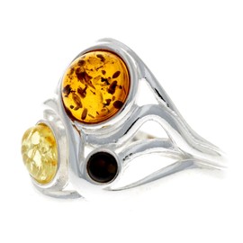 Silver Amber Jewellery - 925 Sterling Silver and Cognac Baltic Amber Modern Designer Ring - UK Rng Size T - GL486T