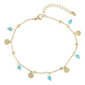 Akzent Fußkette Damen Edelstahl goldfarben ionenplattiert 21,5+5 cm verstellbar – Fußkettchen mit türkisfarbenen Kugeln & Edelstahlplättchen
