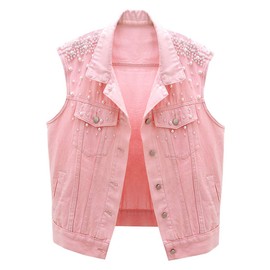 LifeShe Womens Beading Pearls Sleeveless Denim Vest Jean Jacket Coat…
