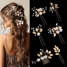 KFHENSOMR Bridal Wedding Hair Pins 6 Pieces Gold Leaf Crystal Pearl Hair Pins Clips Elegant Flower Headpiece Formal Vintage Wedding Hairs Accessories for Brides Bridesmaids Women