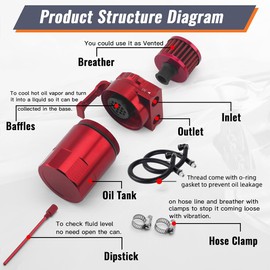 muge racing Baffled Oil Catch Can 400ml, Universal Oil Catch Can Kit with Breather Filter & Stainless Steel Wool, Installation Accessories & Premium Fuel Line Included, Alumium, Red