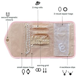 RT&BS Jewelry Roll Organizer Travel, Travel Jewelry Bag, Travel Jewelry Roll for Women Girls (Light Pink)