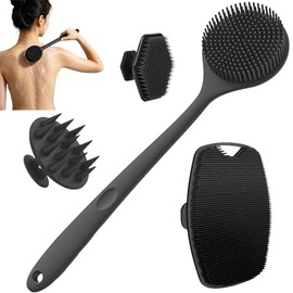 Set de 4 cepillos de baño de silicona: cepillo para la espalda con mango largo, cepillo para el cabello, cepillo con mango corto y cepillo facial; utensilios para frotar y masajear la espalda durante el baño (Black-2)