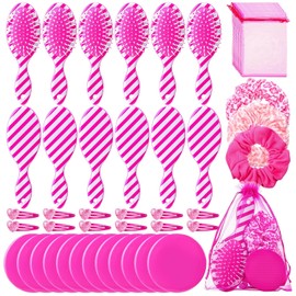 Havawish 60 Pcs Rosa Niñas Maquillaje Favores de Fiesta para 12 Persona Rosa Princesa Los Suministros de Fiesta Incluyen Cepillos para El Cabello Rosa Elásticos Scrunchies Rosa Espejos de Bolsillo Cli