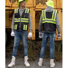 zojo High Visibility Safety Vest, 5PCS,Reflective with Multi-Functional Pockets and Zipper,for Men Women work(Black-Strip)