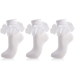 MKYSZLT Soft Women Big Ruffle Ankle Socks Double Lace Frilly Dress Socks with Bow Cute Crew Turn Cuff 80s Fancy Bobby Bride Sock (US, Alpha, One Size, Regular, Regular, White - 3 pairs)