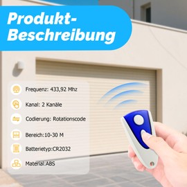 Replacement for Novotron 502 Handheld Transmitter, Garage Door Opener 433.92 MHz, 2 Channel, Remote Control Compatible with Novoferm Handheld Transmitter 502 MAX43-2, Novotron 512 MIX43-2