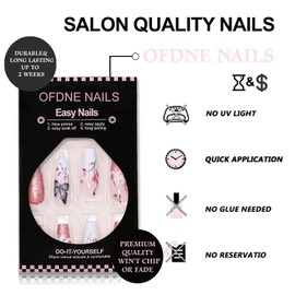 French Tip Press on Nails Long Coffin OFDNE Ombre Fake Nails Pink White False Nails with Butterfly Flower Rose Gold Glitter Designs Glossy Glue on Nails Acrylic Nails for Women Girls 24 Pcs