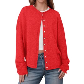 Saodimallsu Womens Button Up Cardigan Sweaters Long Sleeve Crew Neck Fall Soft Lightweight Knit Loose Sweater Tops Red