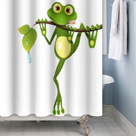 SDOTPMT 180 x 180 cm Cute Cartoon Frog Shower Curtain Little Frog on Tree Branch Green Leaves Bath Curtain Summer Animal White Bath Curtain for Children Bathroom Polyester Waterproof with Hooks